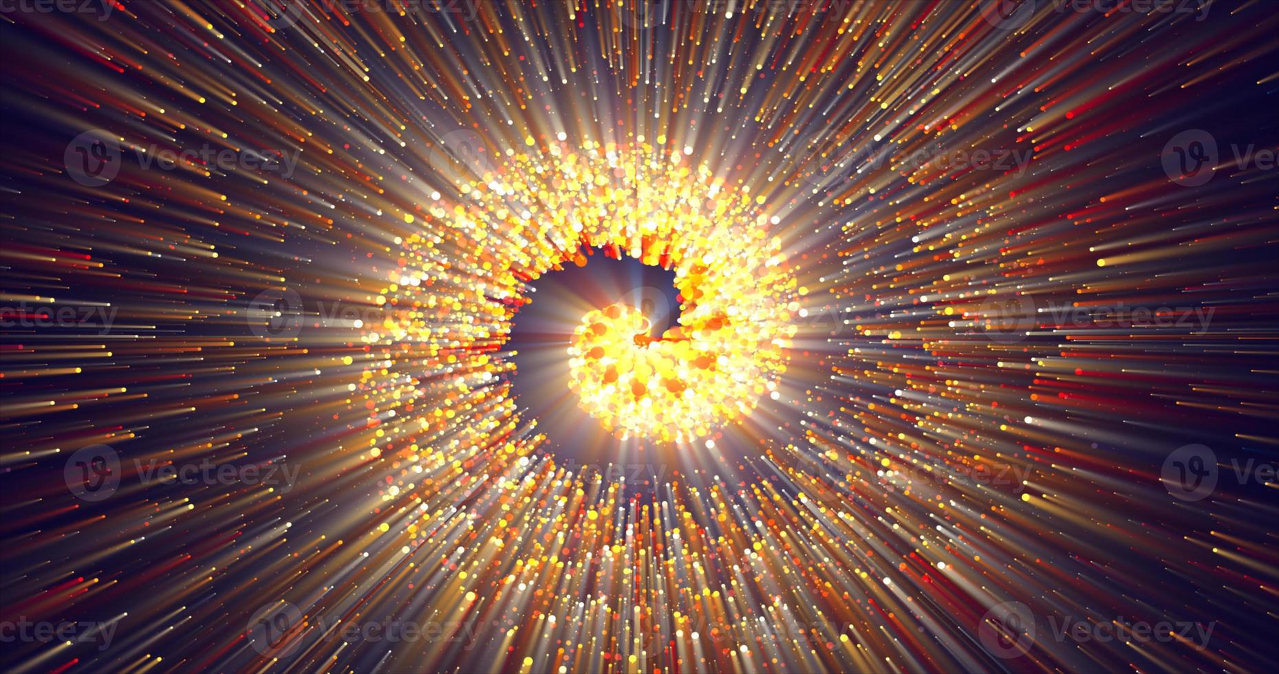 Abstract spiral tunnel of beautiful flying glowing magical particles bokeh energy orange fiery circles on a dark background. Abstract background photo