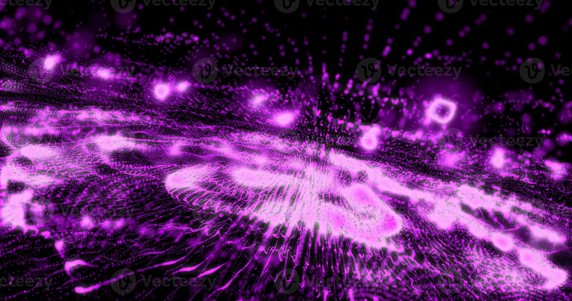 Abstract background with purple moving flying stripes, lines, waves of digital hi-tech smoke particles with blur effect and bokeh photo