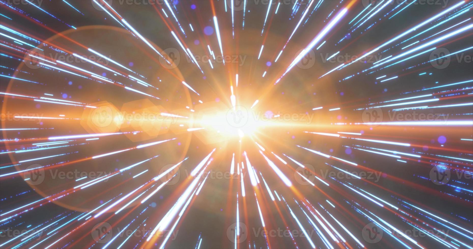 Abstract blue yellow flying stars bright glowing in space with particles and magical energy lines in a tunnel in open space with sun rays. Abstract background. photo