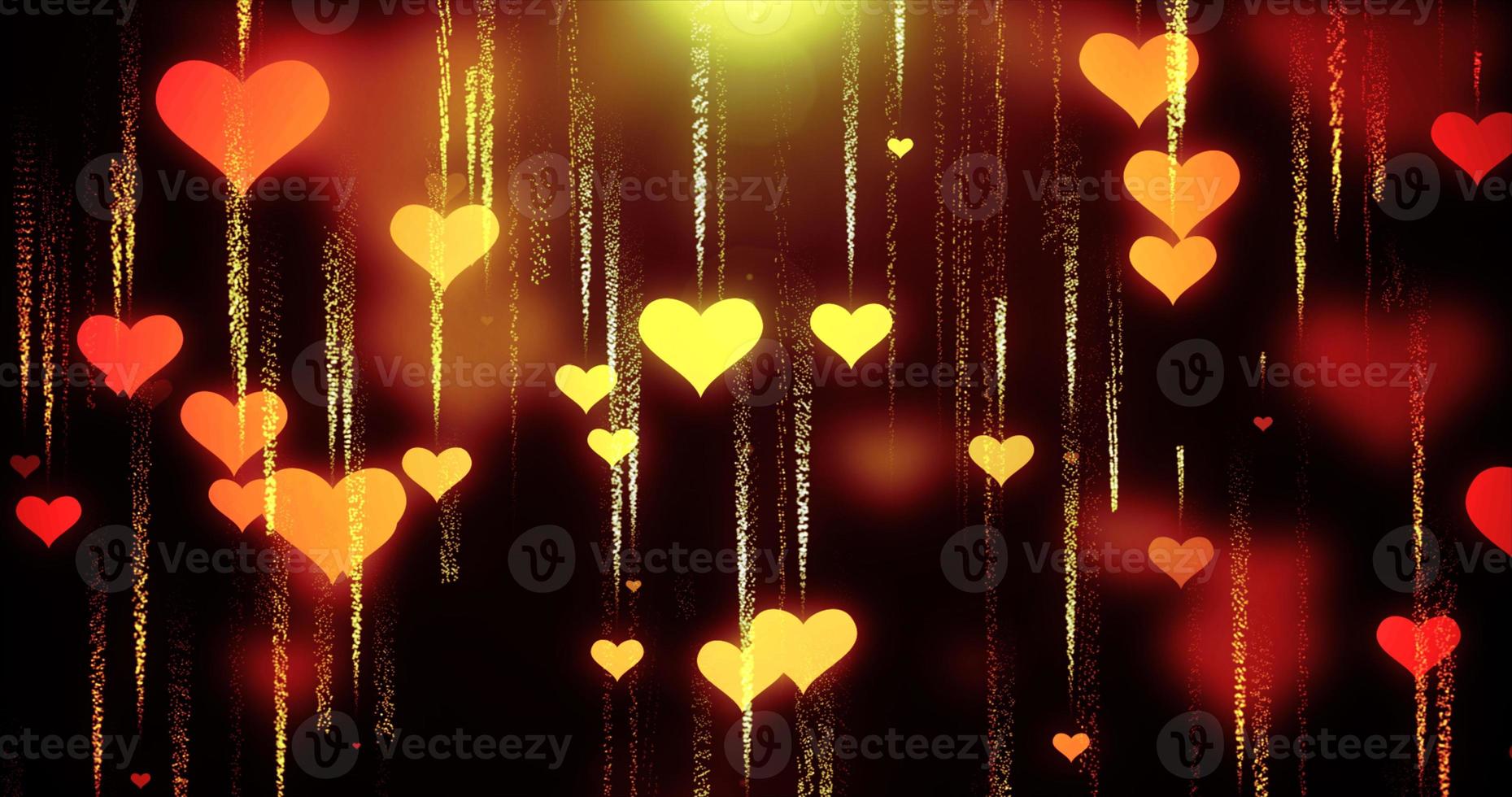 Festive yellow gold love background of flying down hearts with blur and glow effect and particles for Valentine's Day. Abstract background photo