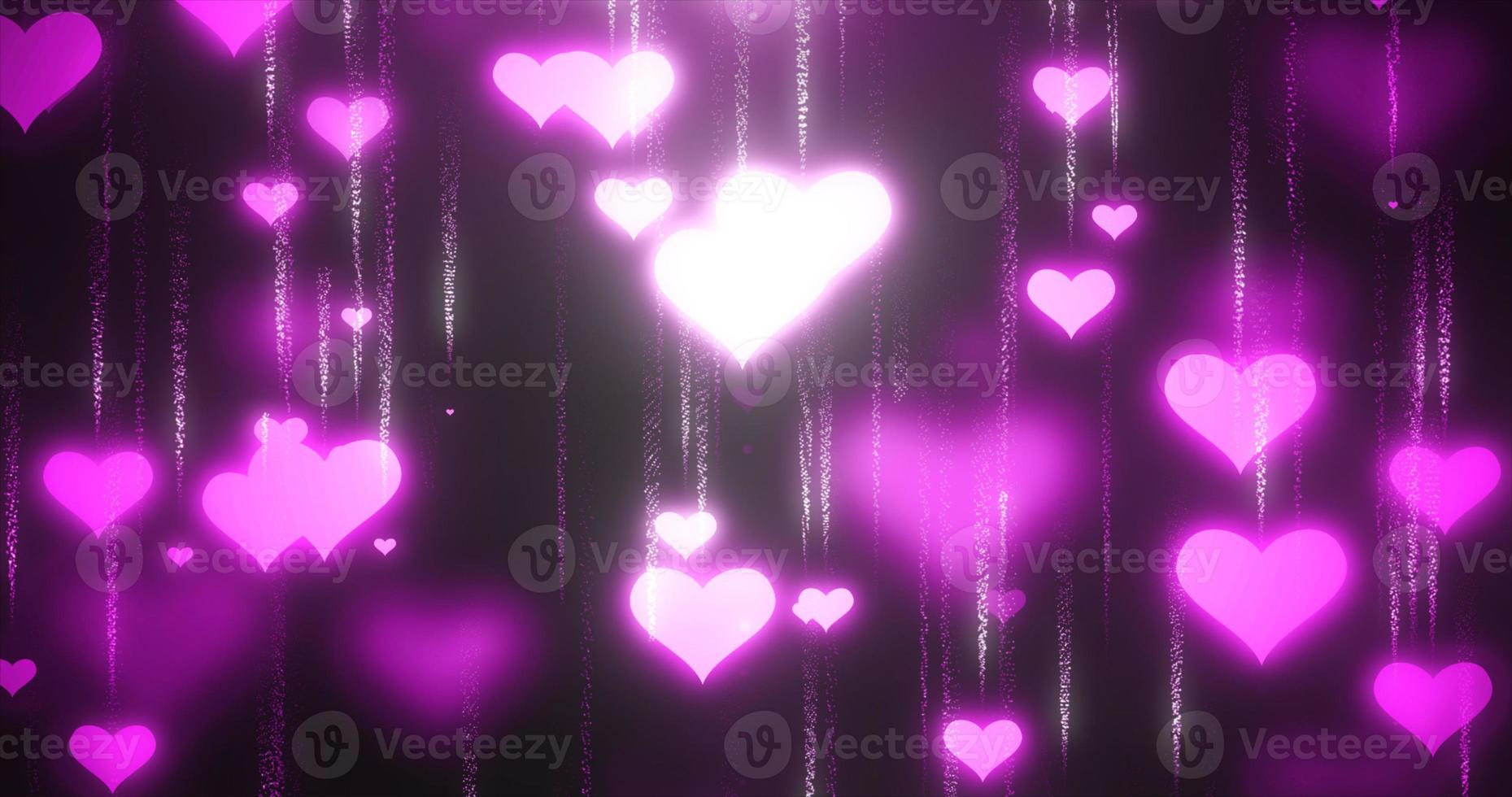 Festive pink purple love background of flying down hearts with blur and glow effect and particles for Valentine's Day. Abstract background. Video in high quality 4k, motion design photo