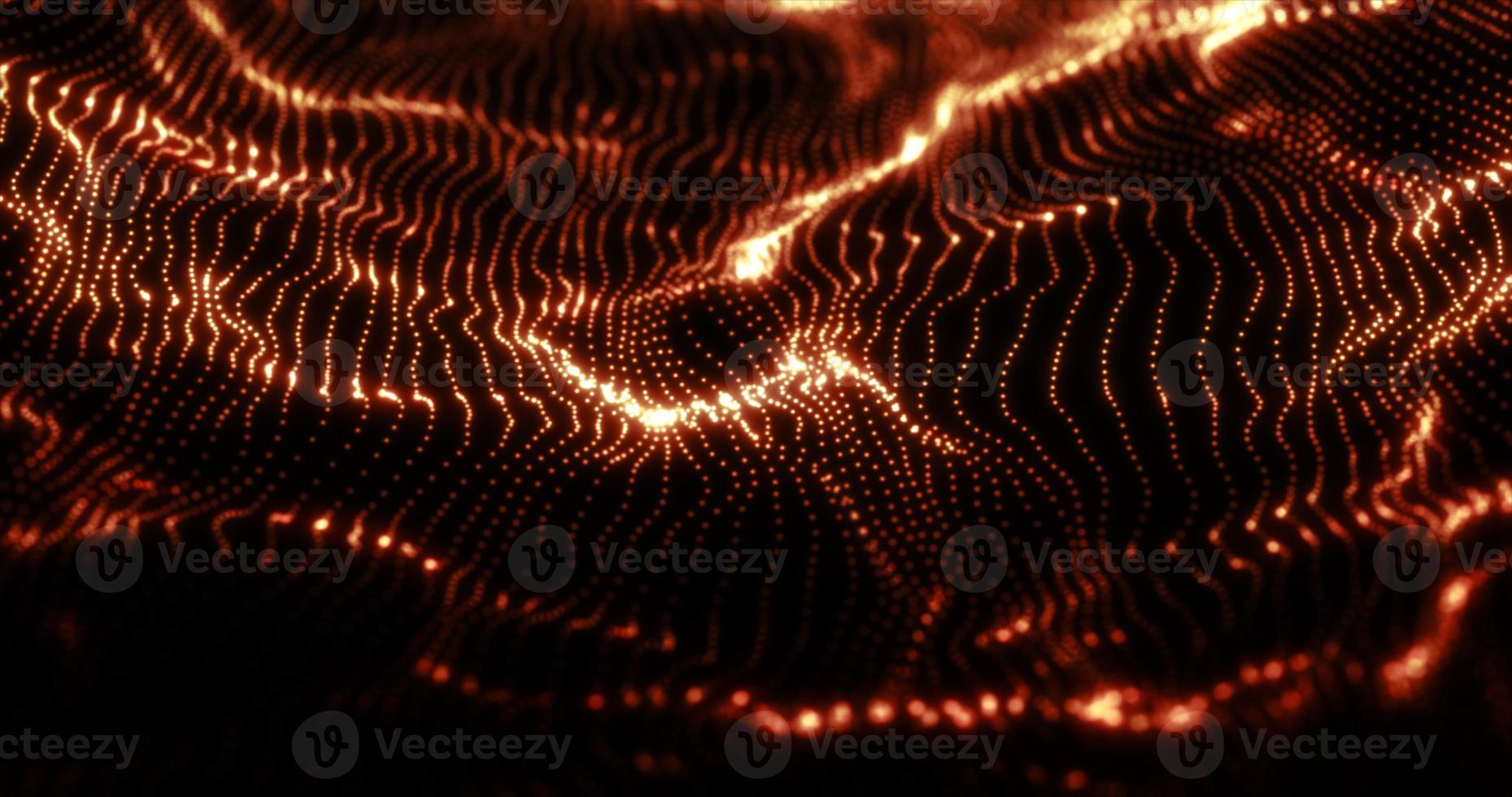 Abstract orange futuristic waves from a grid of particles lines glowing bright shiny neon digital magical energy on a dark background. Abstract background photo