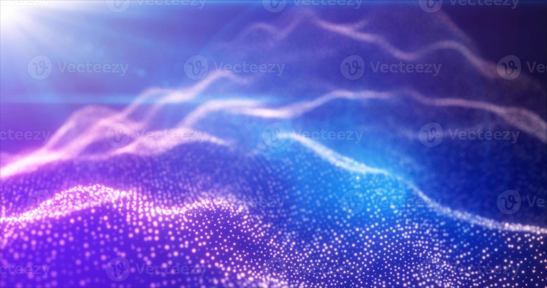 Abstract waves from particles and lines of purple futuristic beautiful flying glowing magical energy with sun rays and blur effect. Abstract background photo