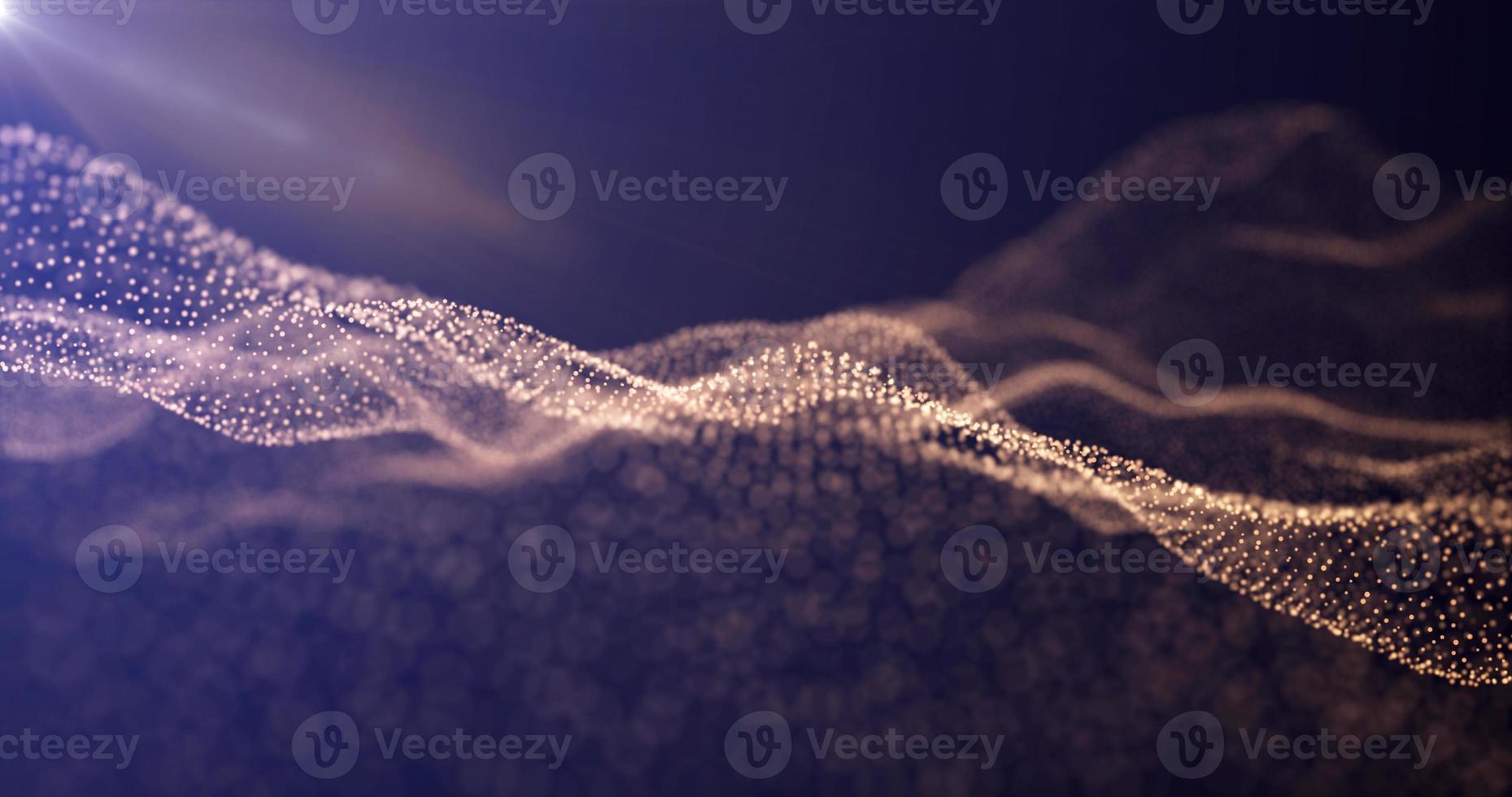 Futuristic abstract yellow gold sand glowing wave lines from dots and particles of shining pixels magical energy glowing neon in sunbeams. Abstract background photo