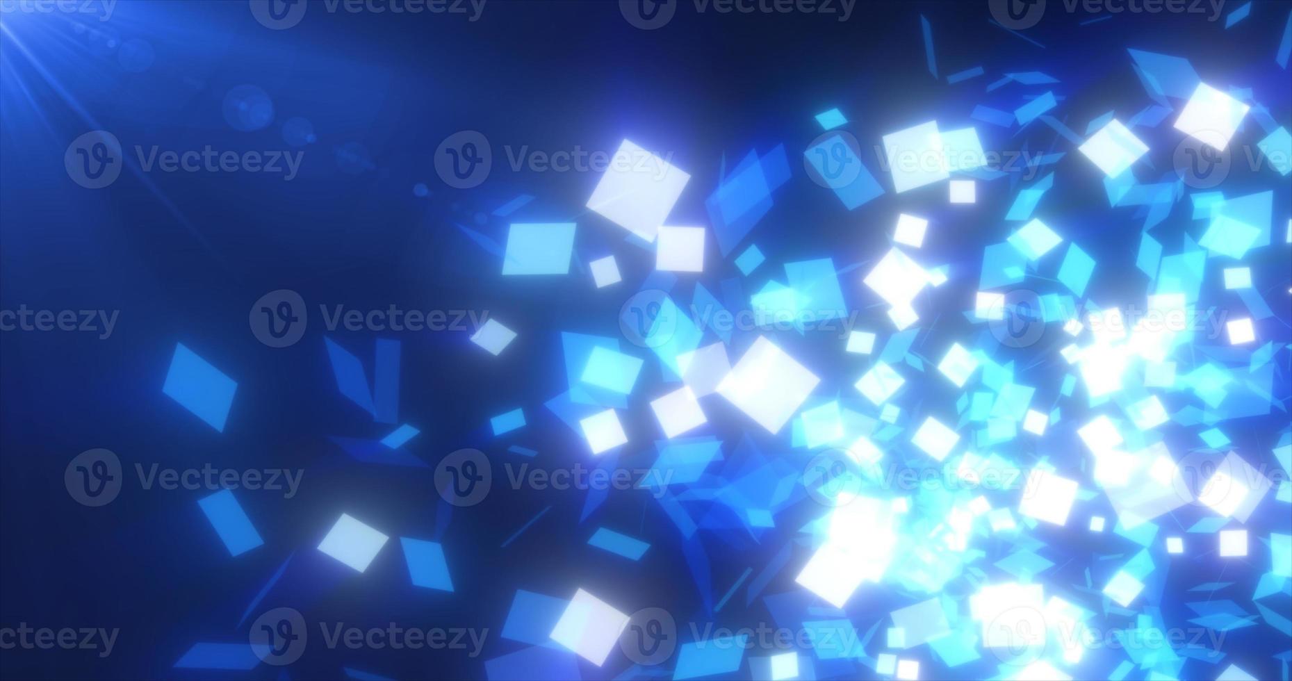 Abstract flying small blue glowing glass squares shiny energetic magical on a dark background. Abstract background photo