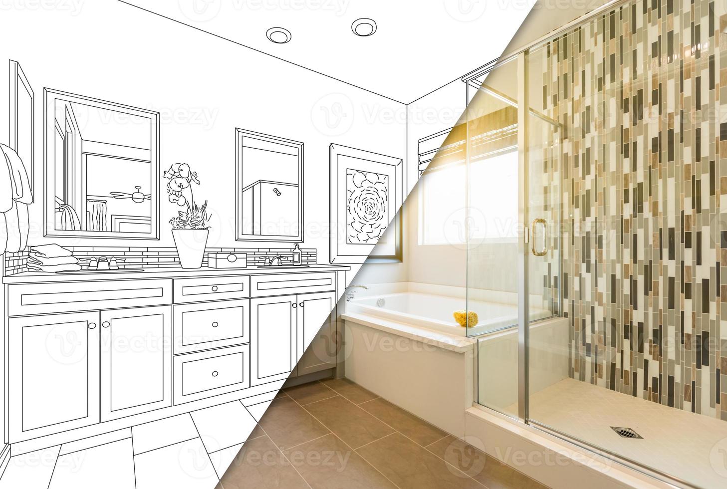 Custom Master Bahroom Design Drawing with Cross Section of Finished Photo