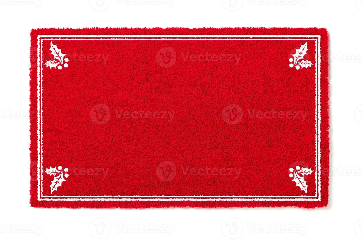 Blank Holiday Red Welcome Mat With Holly Corners Isolated on White  Background photo