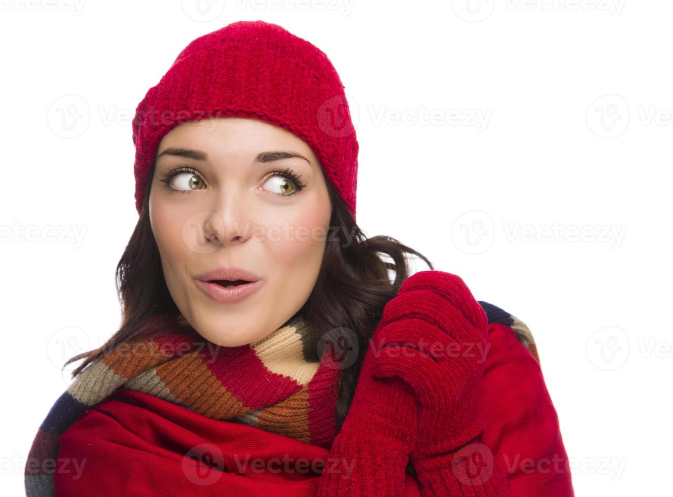 Mixed Race Woman Wearing Mittens and Hat Looks to Side photo