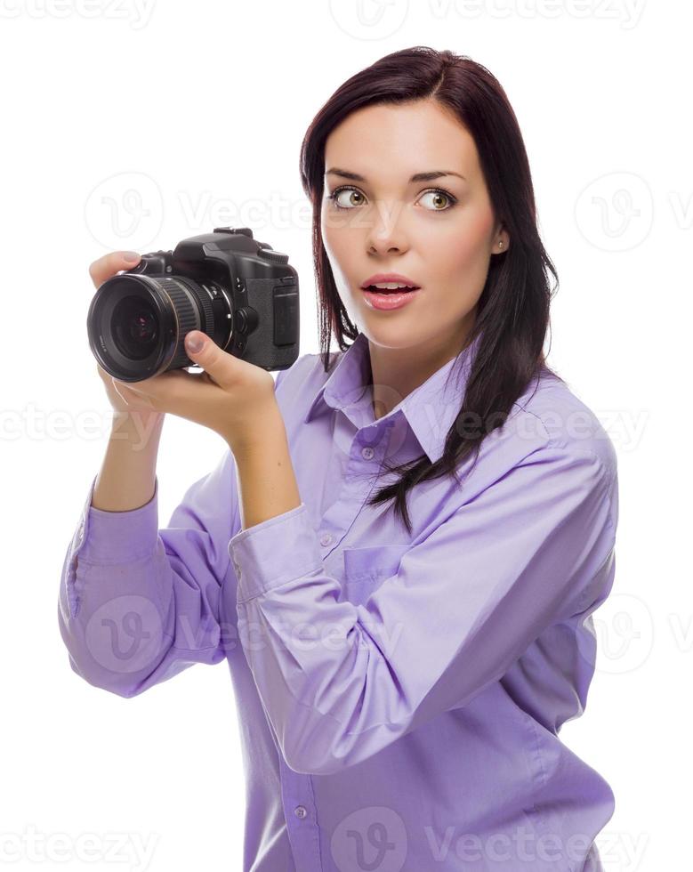 Attractive Mixed Race Young woman With DSLR Camera on White photo