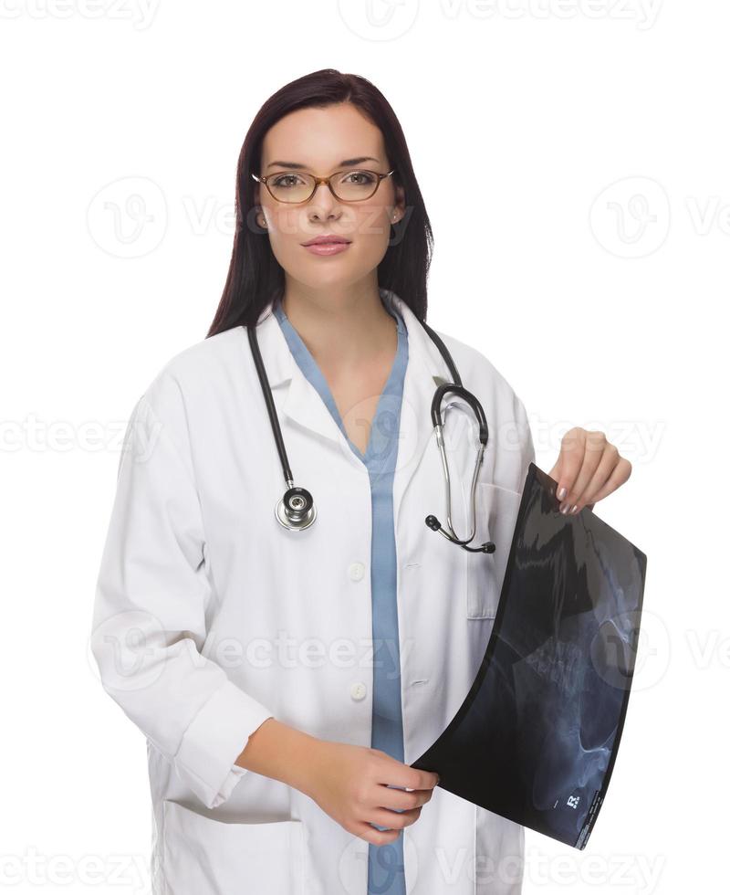 Mixed Race Female Doctor or Nurse Holding X-ray on White photo