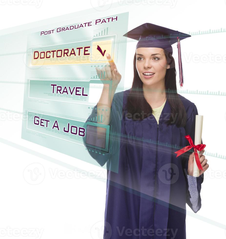 Young Female Graduate Choosing Doctorate Button on Translucent Panel photo