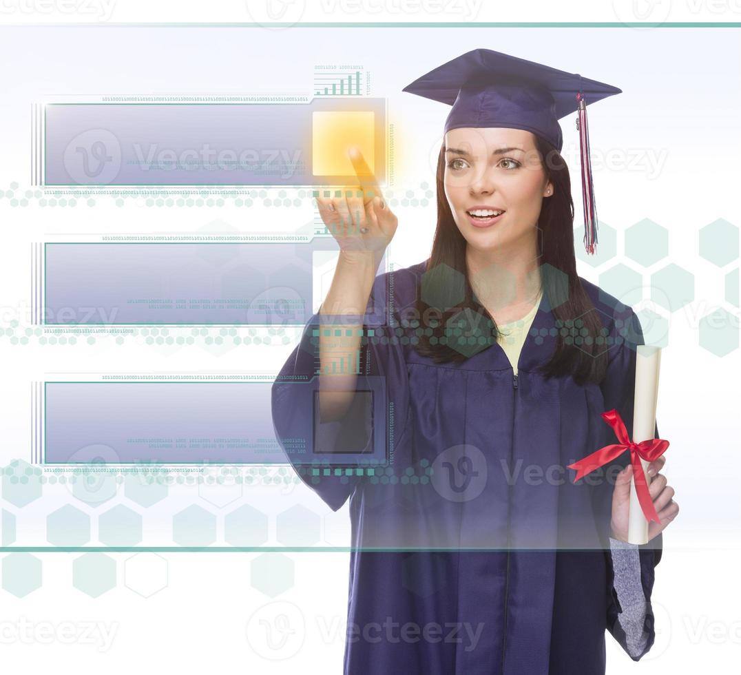 Female Graduate Pushing Blank Button on Panel with Copy Room photo