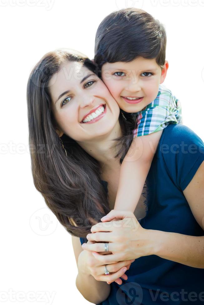 Young Mixed Race Mother and Son Hug Isolated on a White Background. photo