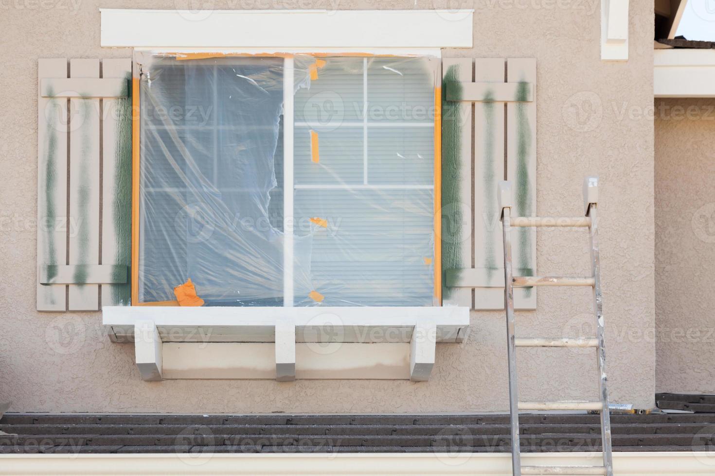 Construction Ladder Leaning Up Against A House Being Painted photo