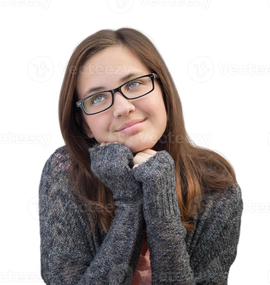 Pretty Mixed Race Girl Thinking On White photo