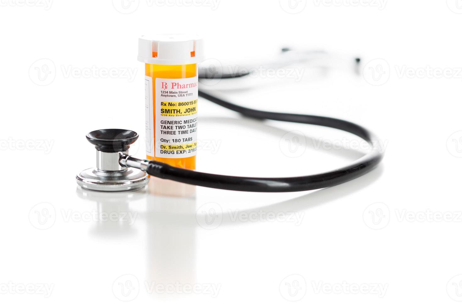 Non-Proprietary Medicine Prescription Bottle with Stethoscope Isolated on White photo