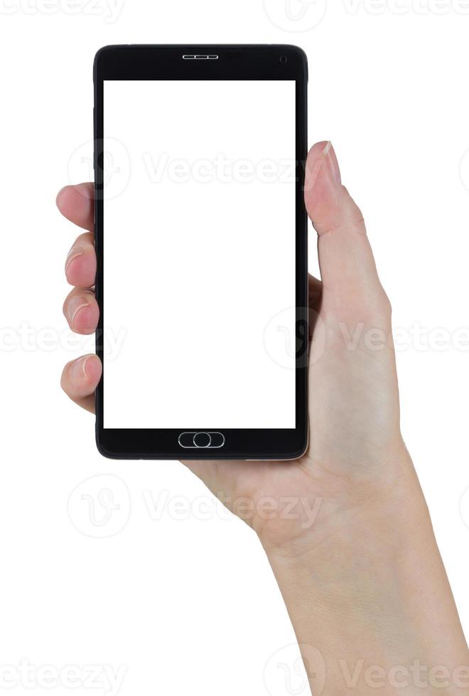 Female Hand Holding Smart Phone with Blank Screen on White photo