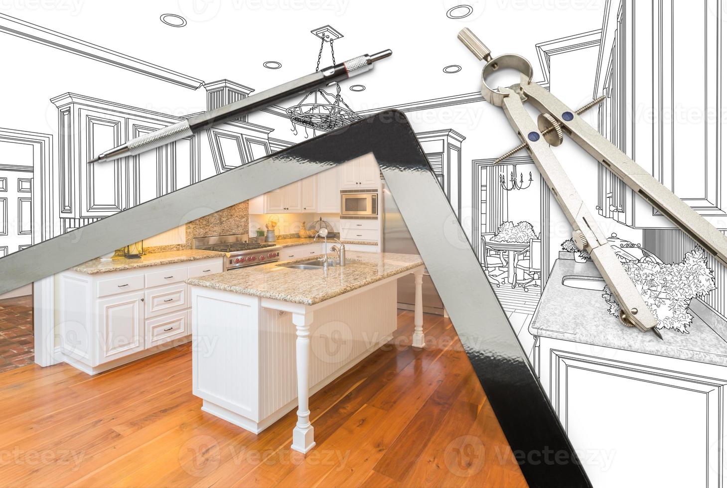 Computer Tablet, Drafting Tools With Kitchen Drawing and Photograph Combination photo