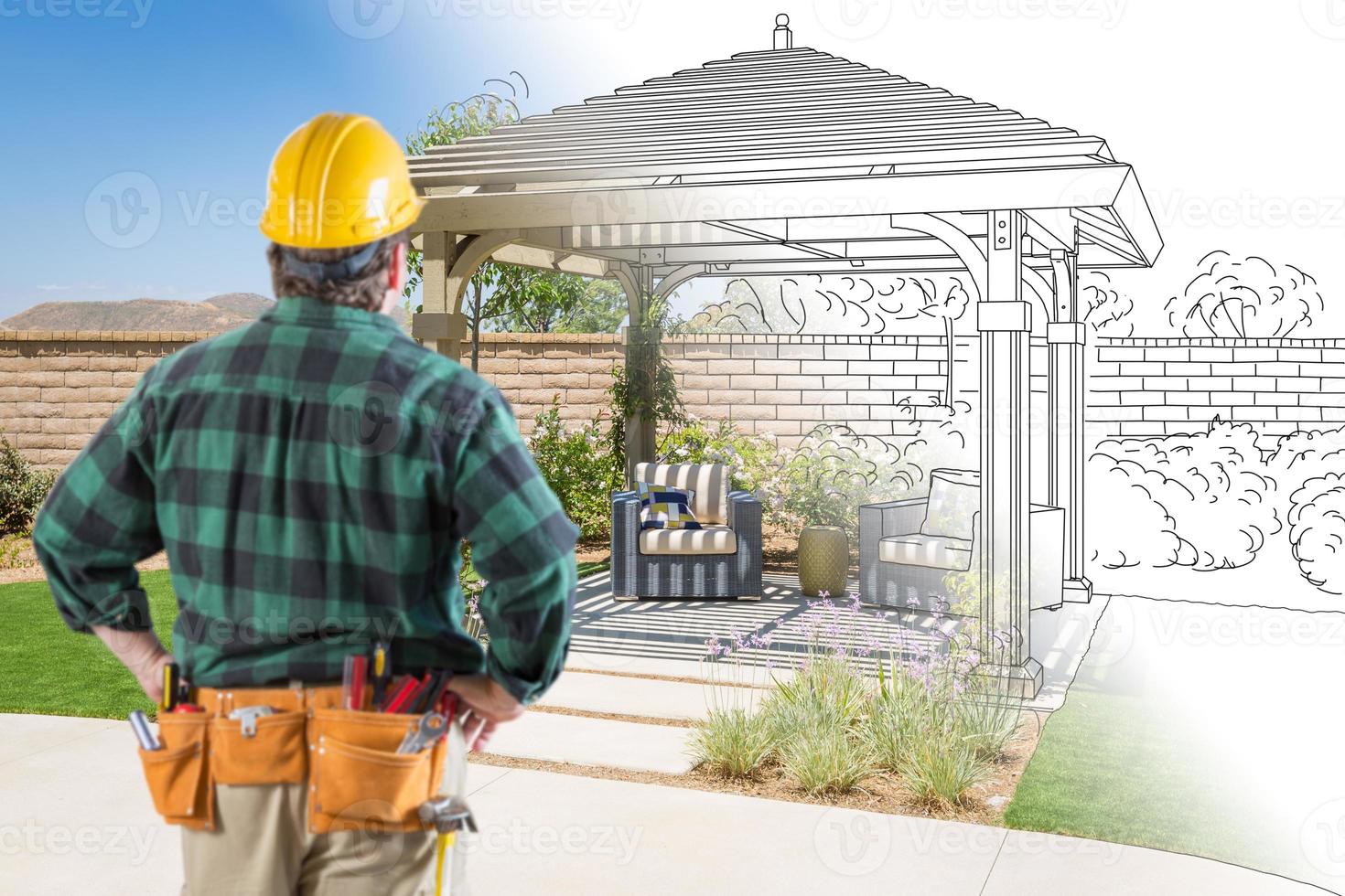 Contractor Standing Looking At Patio Pergola Design Drawing and Photo Combination.