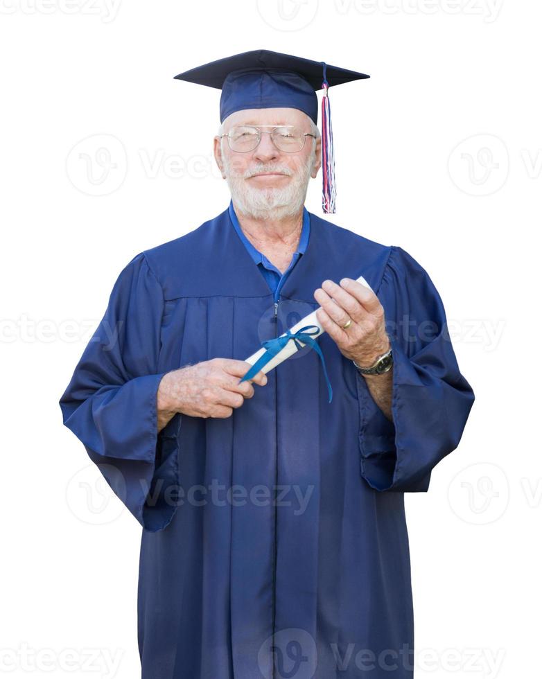 Proud Senior Adult Man Graduate In Cap and Gown Holding Diploma Isolated on a White Background. photo