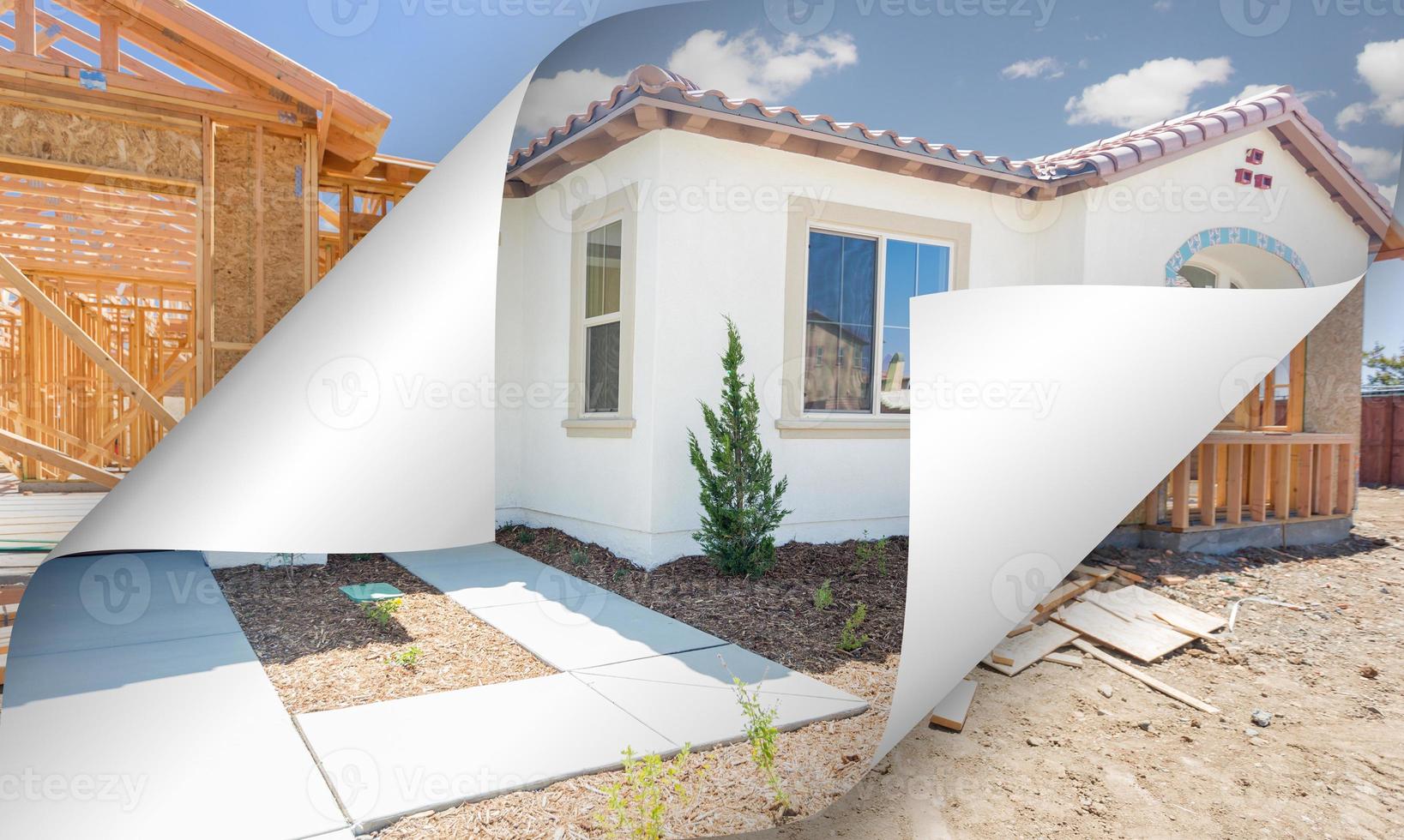 Completed House with Page Corners Flipping to Construction Framing Behind photo