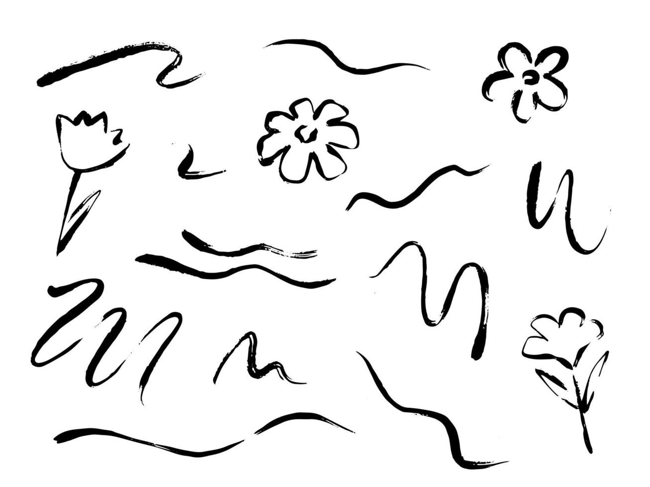 Lines and floral elements drawn with a brush and ink. Vector decorative design element in black