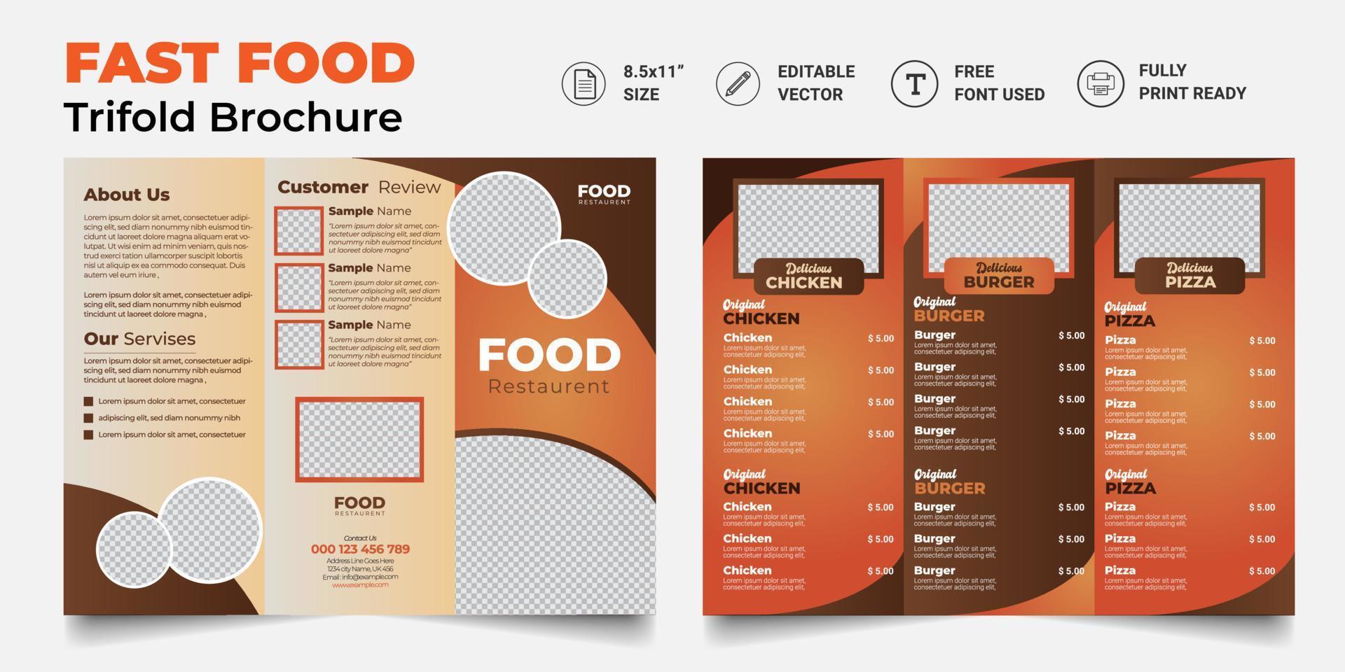 Trifold Food menu Brochure Template. restaurant menu. Fast-food healthy meals delicious food, dessert trifold design. vector