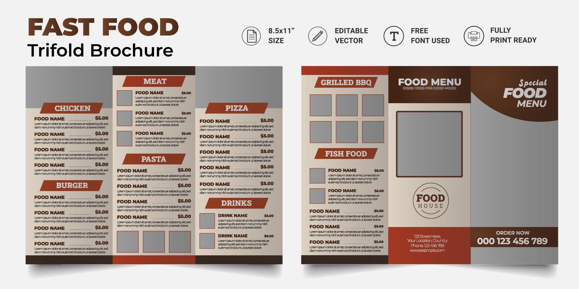 Trifold Food menu Brochure Template. restaurant menu. Fast-food healthy meals delicious food, dessert trifold design. vector