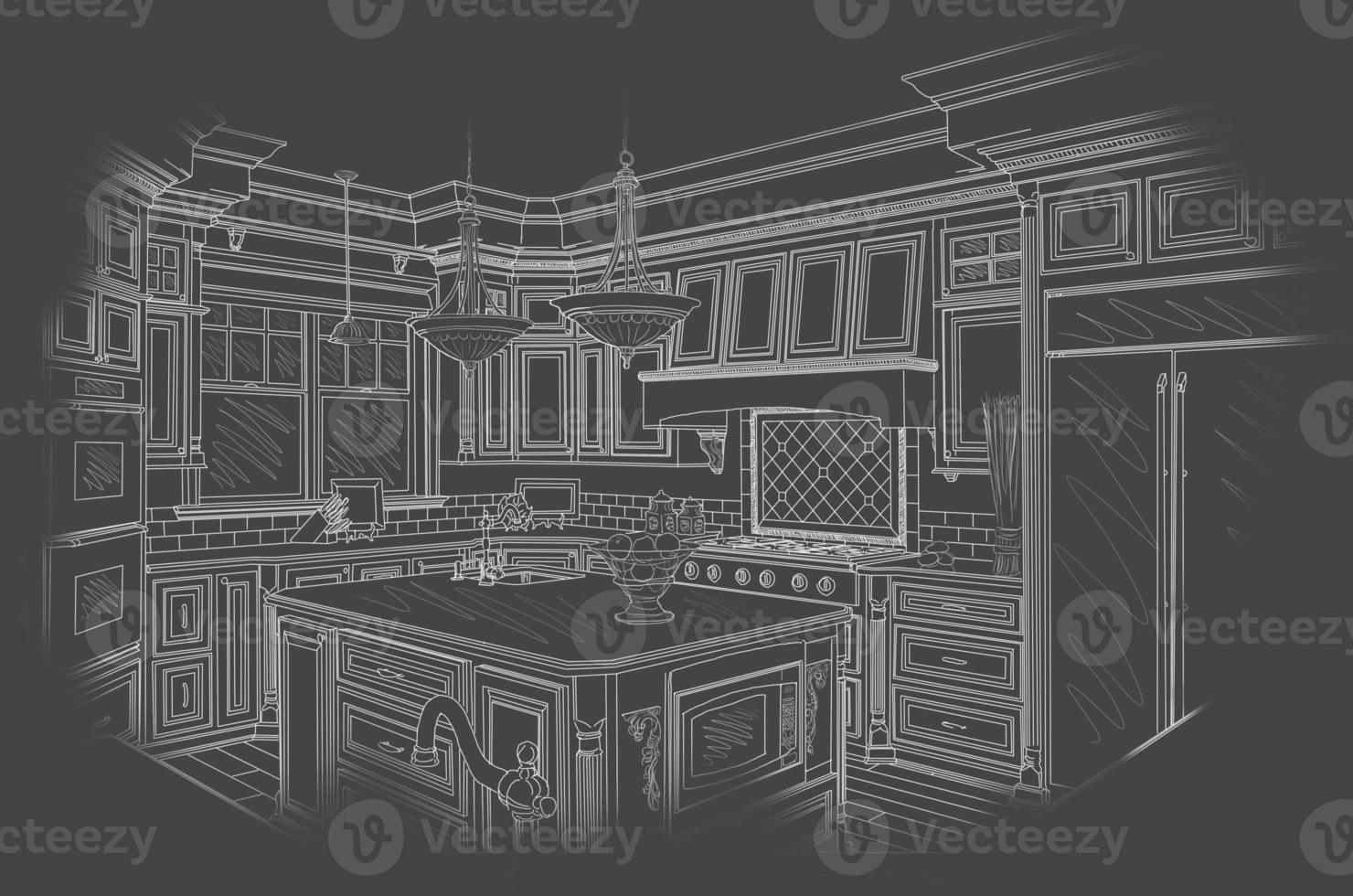 White Custom Kitchen Design Drawing on Grey photo