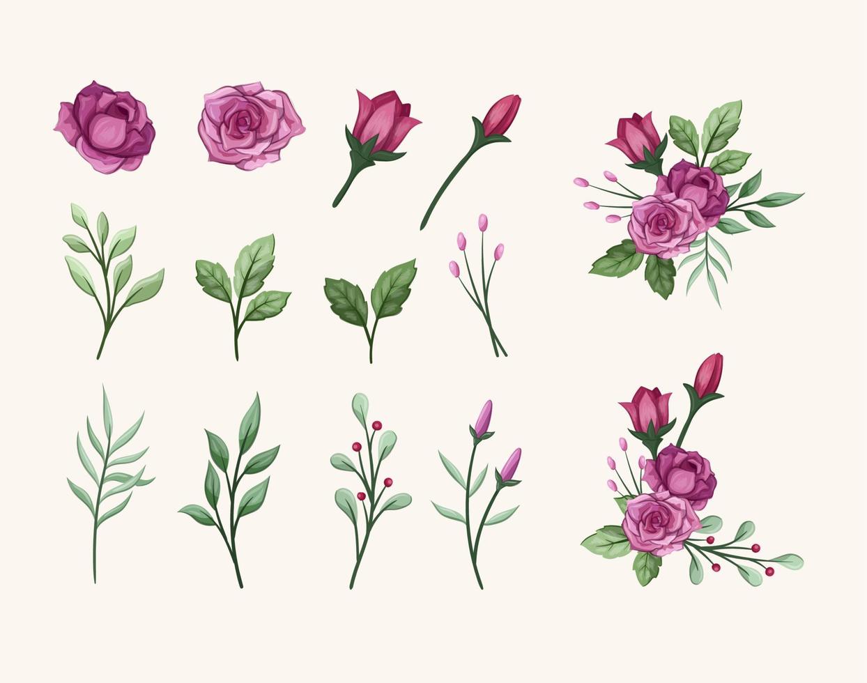 belleza púrpura violeta rosa flor flor acuarela conjunto elemento adecuado para boda romance vintage vector