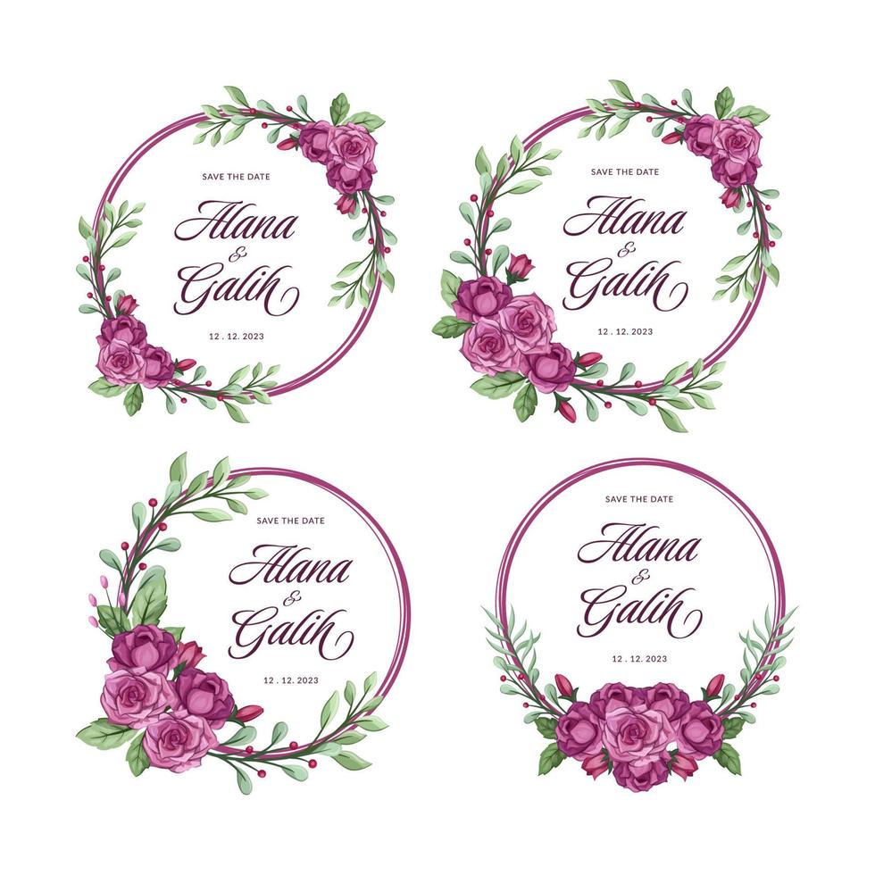 invitación de boda rsvp con flor de violeta púrpura ramo de flores de rosa con decoración de marco redondo circular vector
