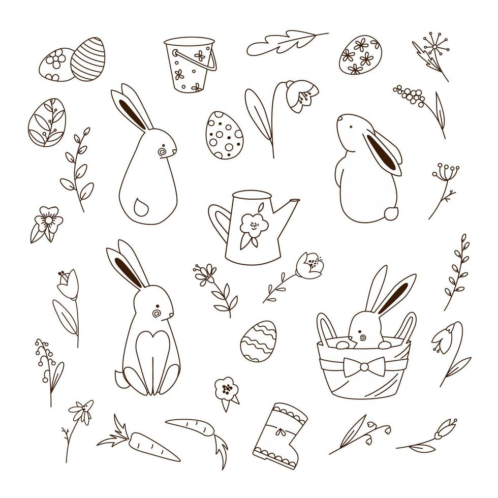 Cute doodle bunny with carrot, busket and naive botanical elements outline vector illustration set.