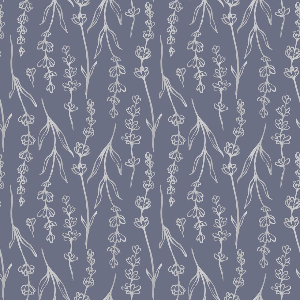 Hand drawn lavender seamless pattern. Light flowers outline silhouettes on pale purple background. vector