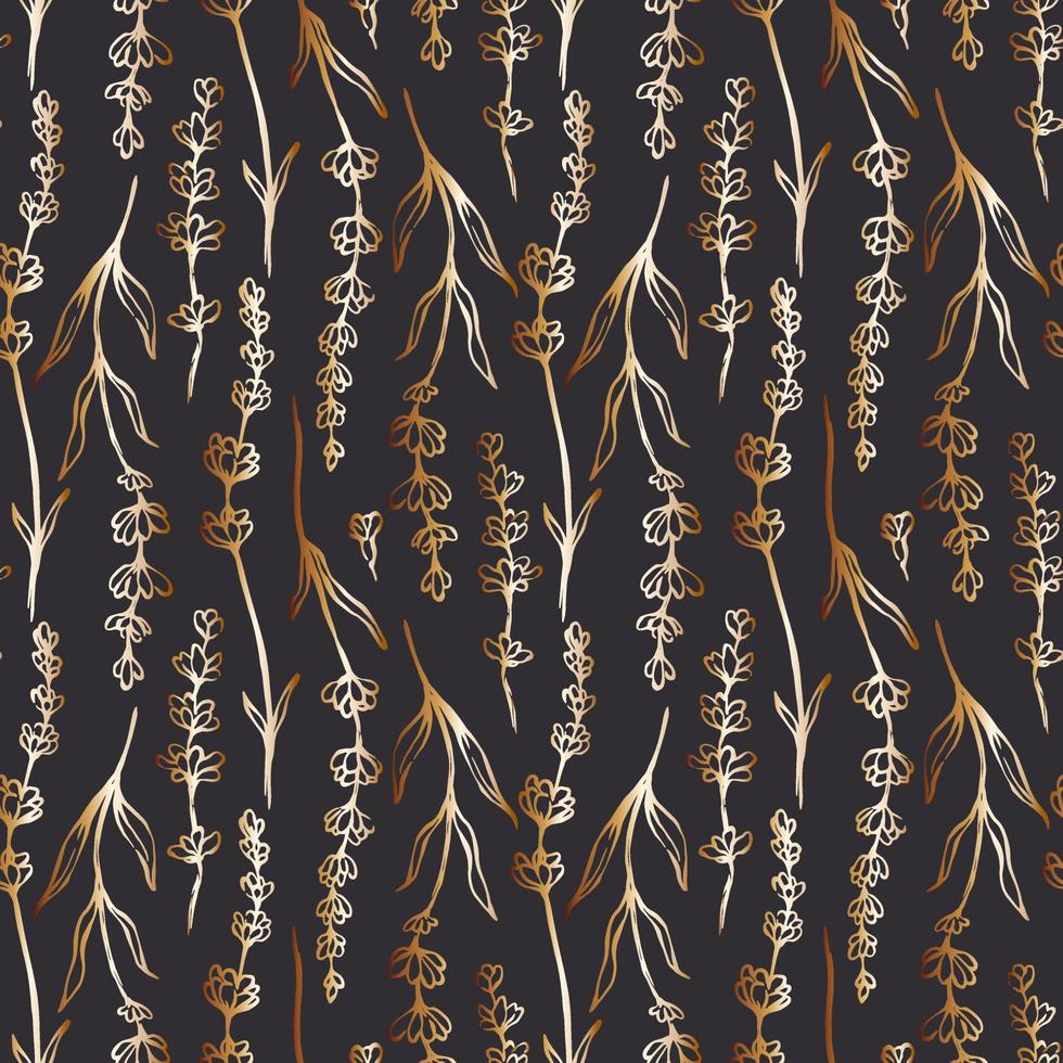 Hand drawn golden lavender silhouette seamless pattern on brown background vector