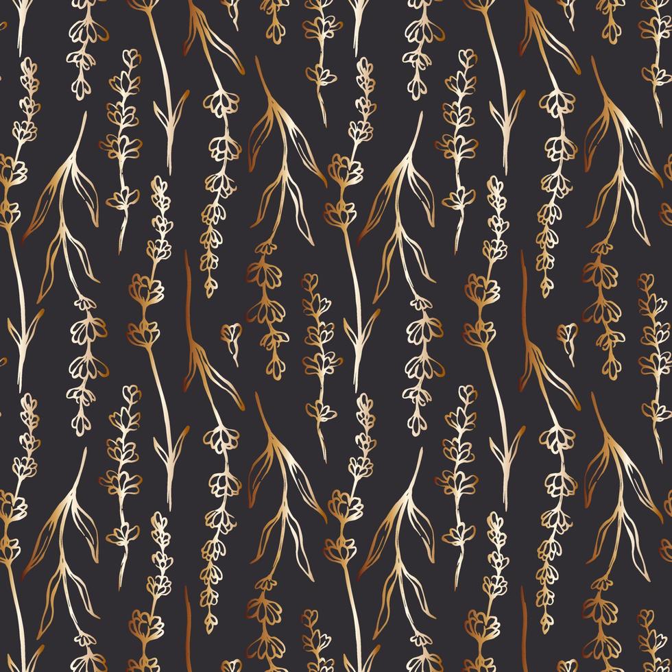 Hand drawn golden lavender silhouette seamless pattern on brown background vector