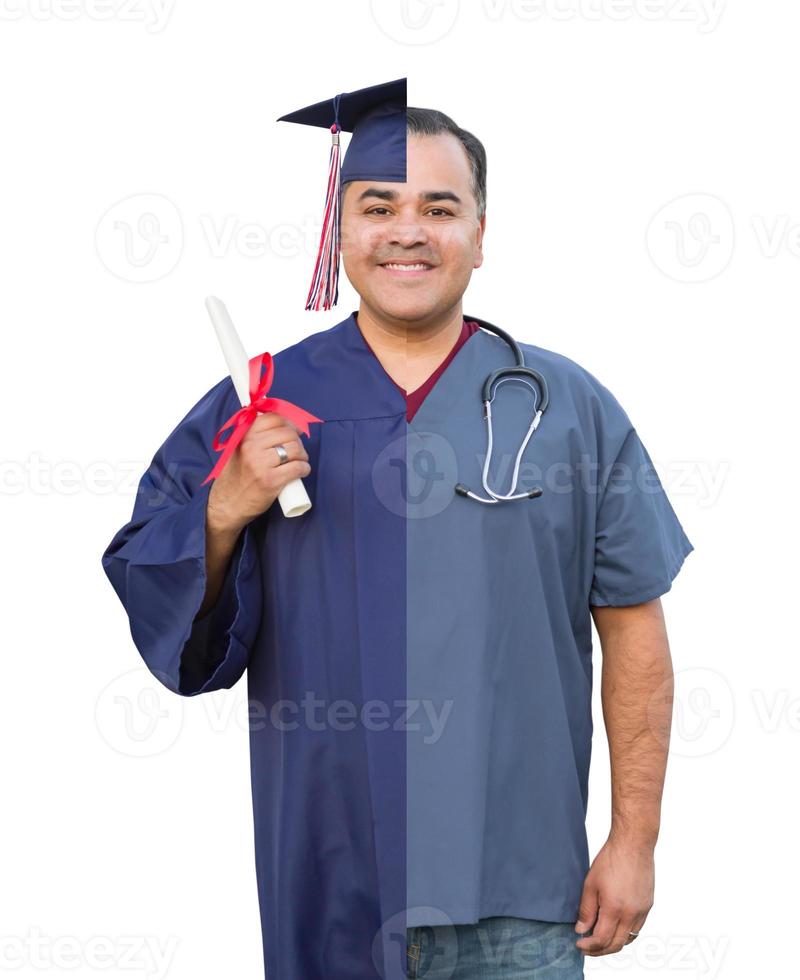 pantalla dividida de hombre hispano como graduado y enfermero aislado en blanco foto