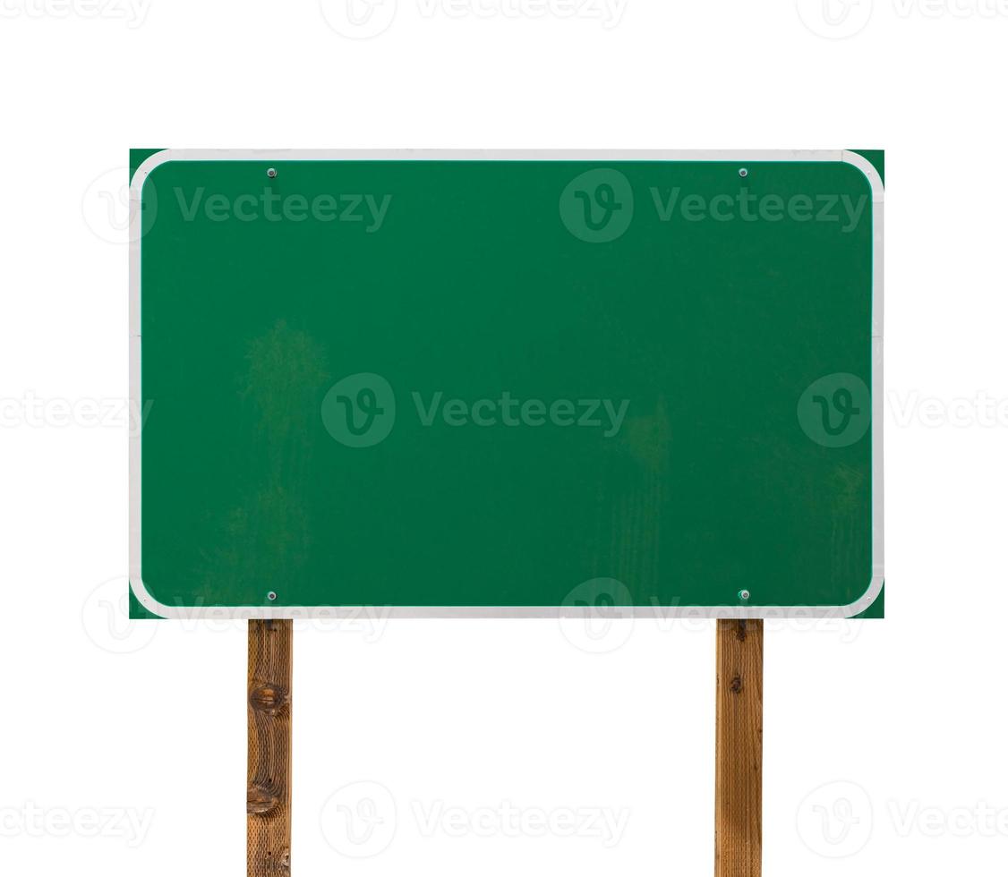 Blank Green Road Sign with Wooden Posts Isolated on a White Background photo