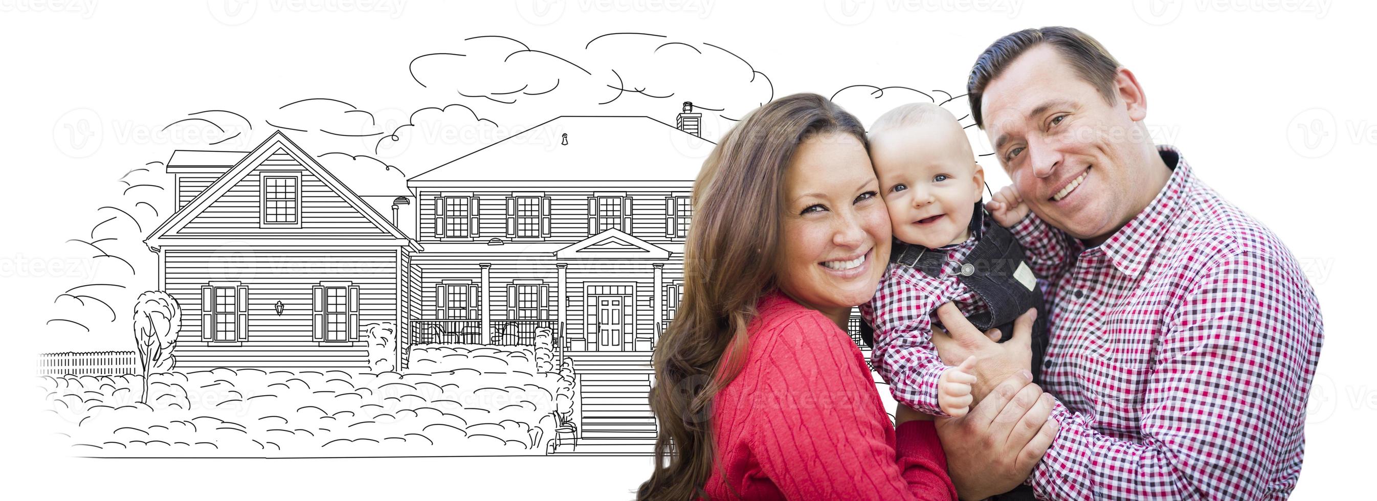 Young Family With Baby Over House Drawing on White photo