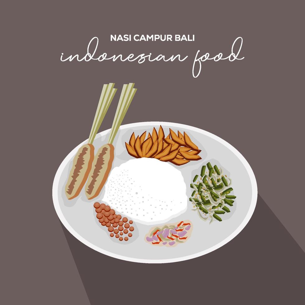 diseño plano comida indonesia nasi campur bali ilustración vectorial vector