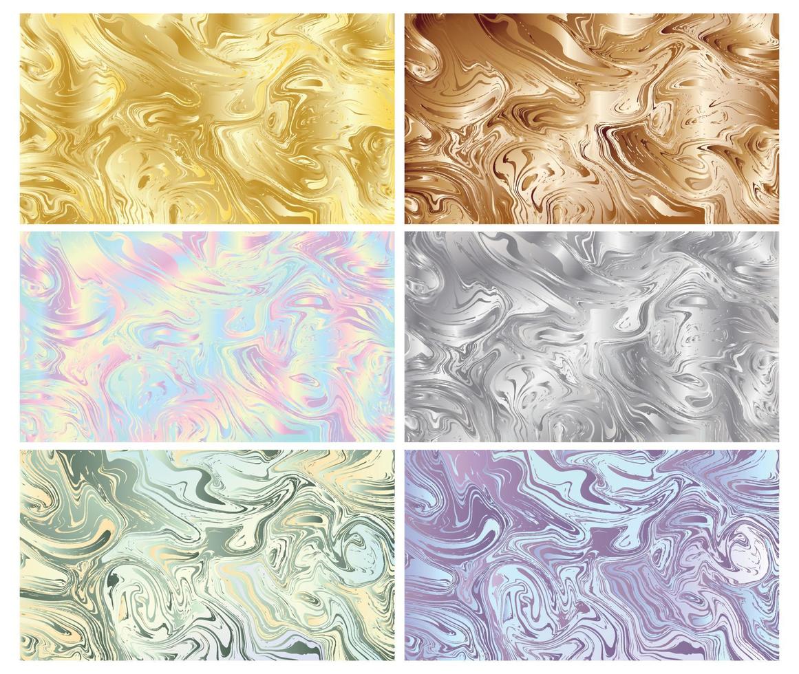 Set of six liquid metals, marble and holographic foil backgrounds vector