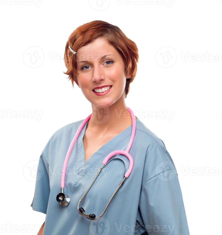 Smiling Female Doctor or Nurse on White photo