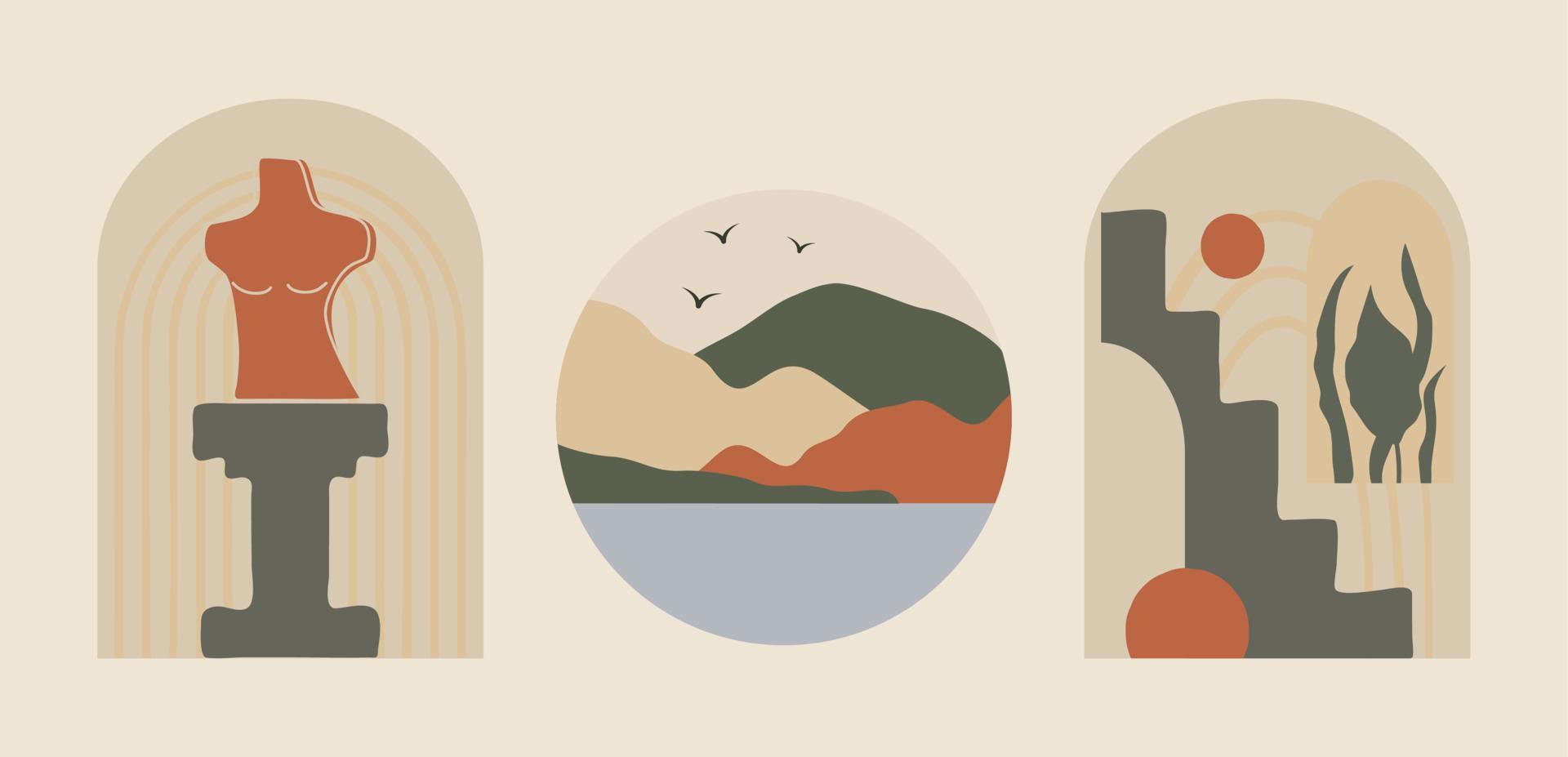 Modern Abstract And Landscape Elements Illustration Set. vector