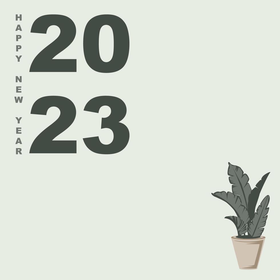 minimalistic happy new year 2023 poster template with house plant nature element vector