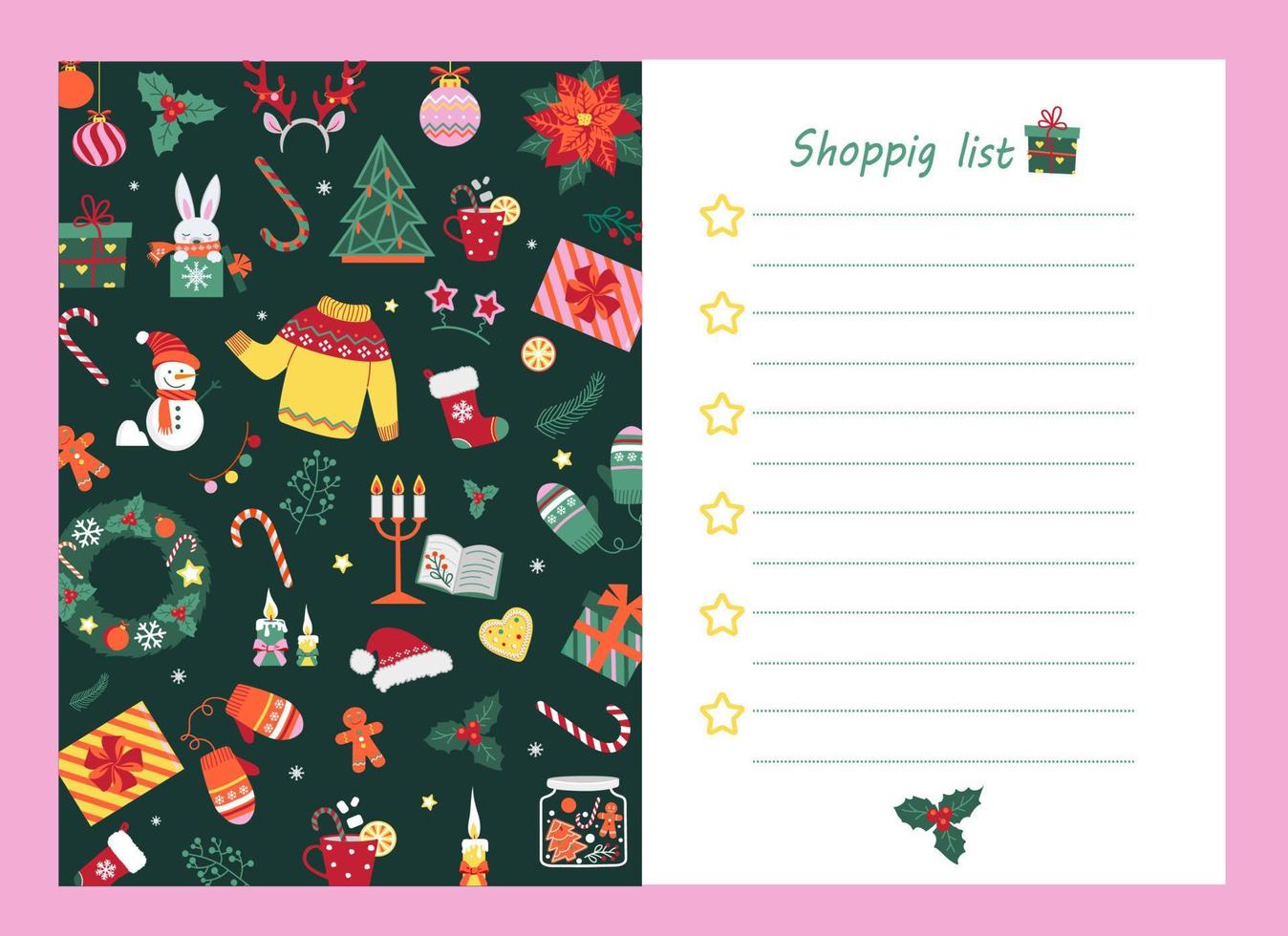 Shopping list templates decorated by set of Christmas and New year elements for greeting card. Hand-drawn doodles decoration, pattern, ornaments. Holidays to do list, check list for gifts vector