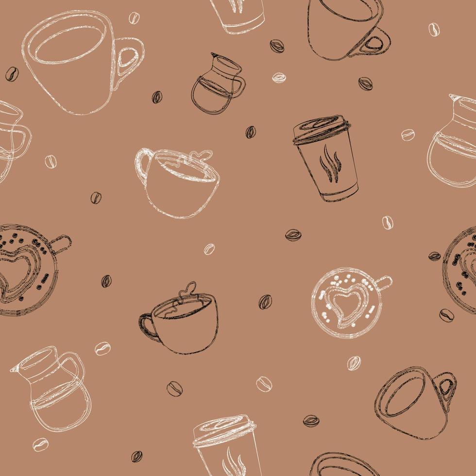 contorno de café elementos de arte patrón vectorial sin costuras sobre fondo marrón, patrón de café papel tapiz sin costuras vector