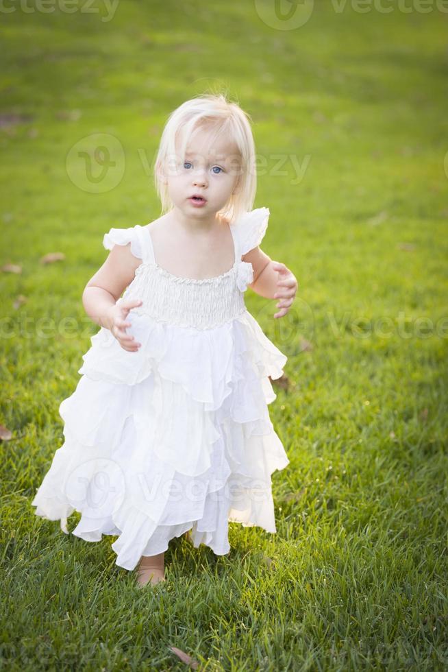 Adorable Little Girl Wearing White Dress In A Grass Field photo