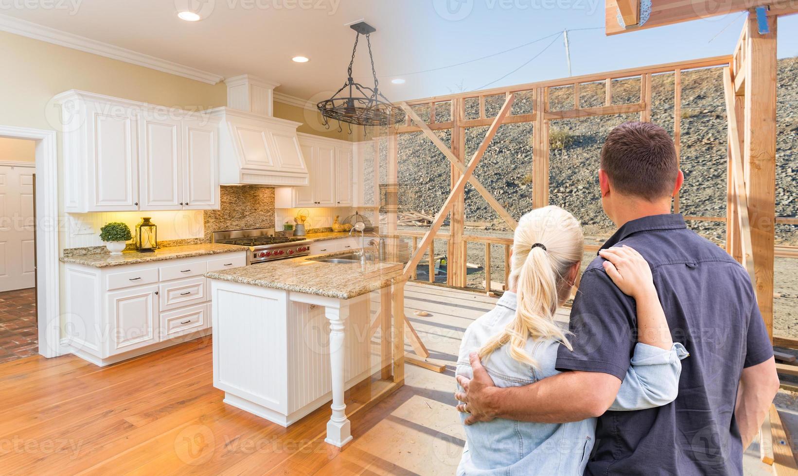 Couple Facing Construction Framing Gradating To Completed Custom Kitchen photo
