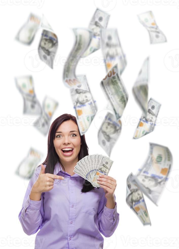 Happy Woman Holding the 100 Bills with Many Falling Around photo