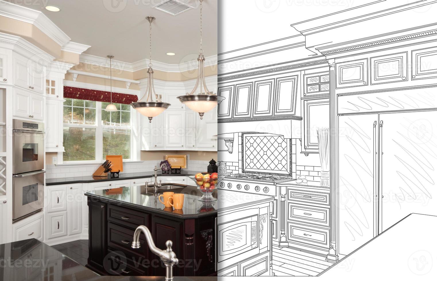 Split Screen Of Drawing and Photo of New Kitchen