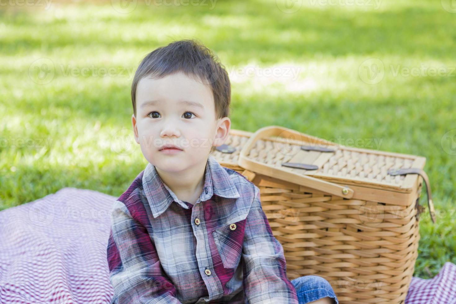 Young Mixed Race Boy Sitting in Park Near Picnic Basket photo